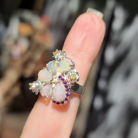 Opal 11k amethyst 3k & Peridot sterling ring sz6 - Picture 1 of 9